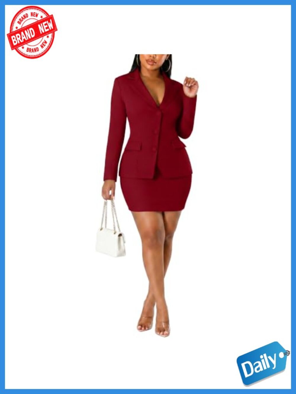 2-Piece Skirt Suit Set – 3 Diagonal Button Blazer with Pockets, Long Sleeve